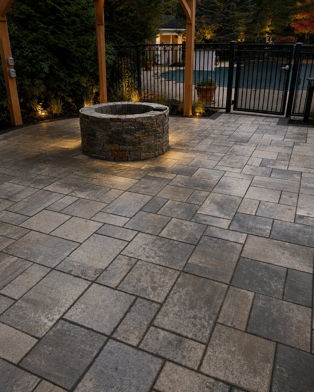 A paver patio with a shape traced over it and its area measured